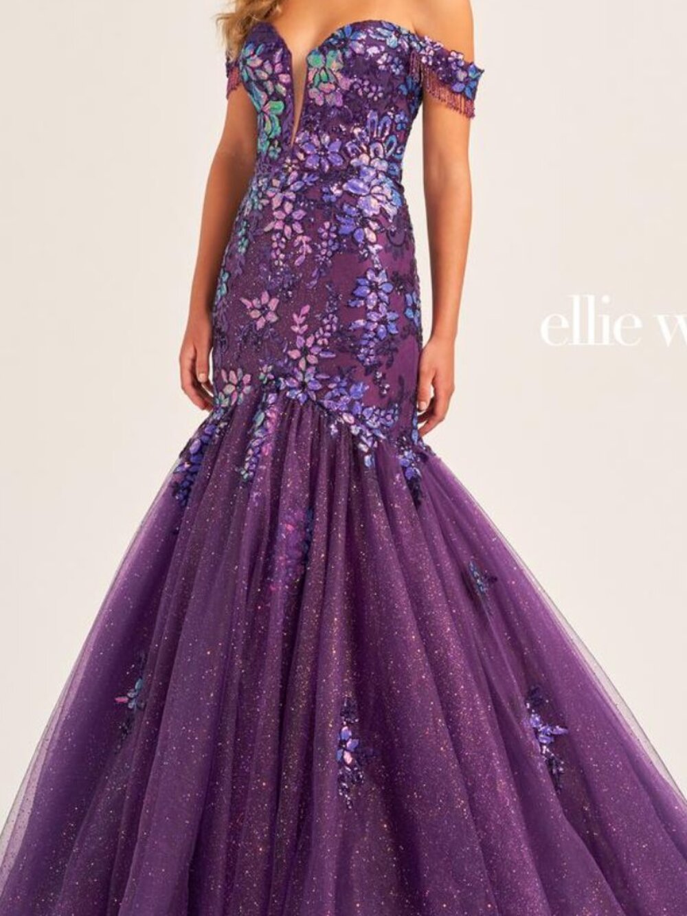 ELLIE WILDE EW35219 DARK PURPLE SIZE 4 14 MERMAID OFF THE SHOULDER FORMAL GOWN